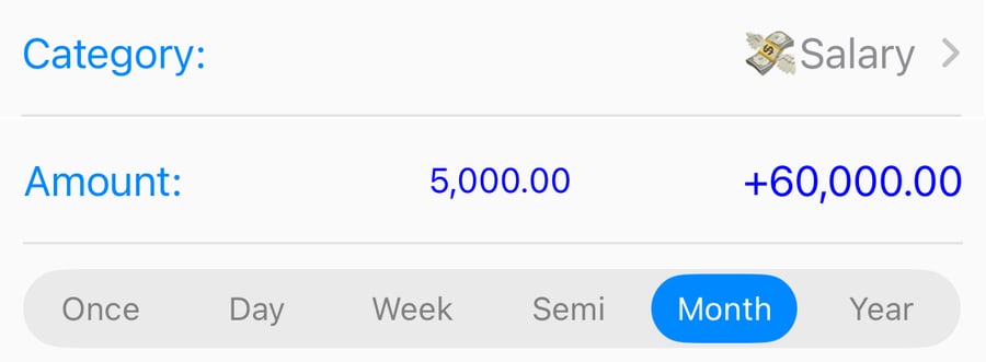 Foreseenly entry screen for salary amount and schedule.